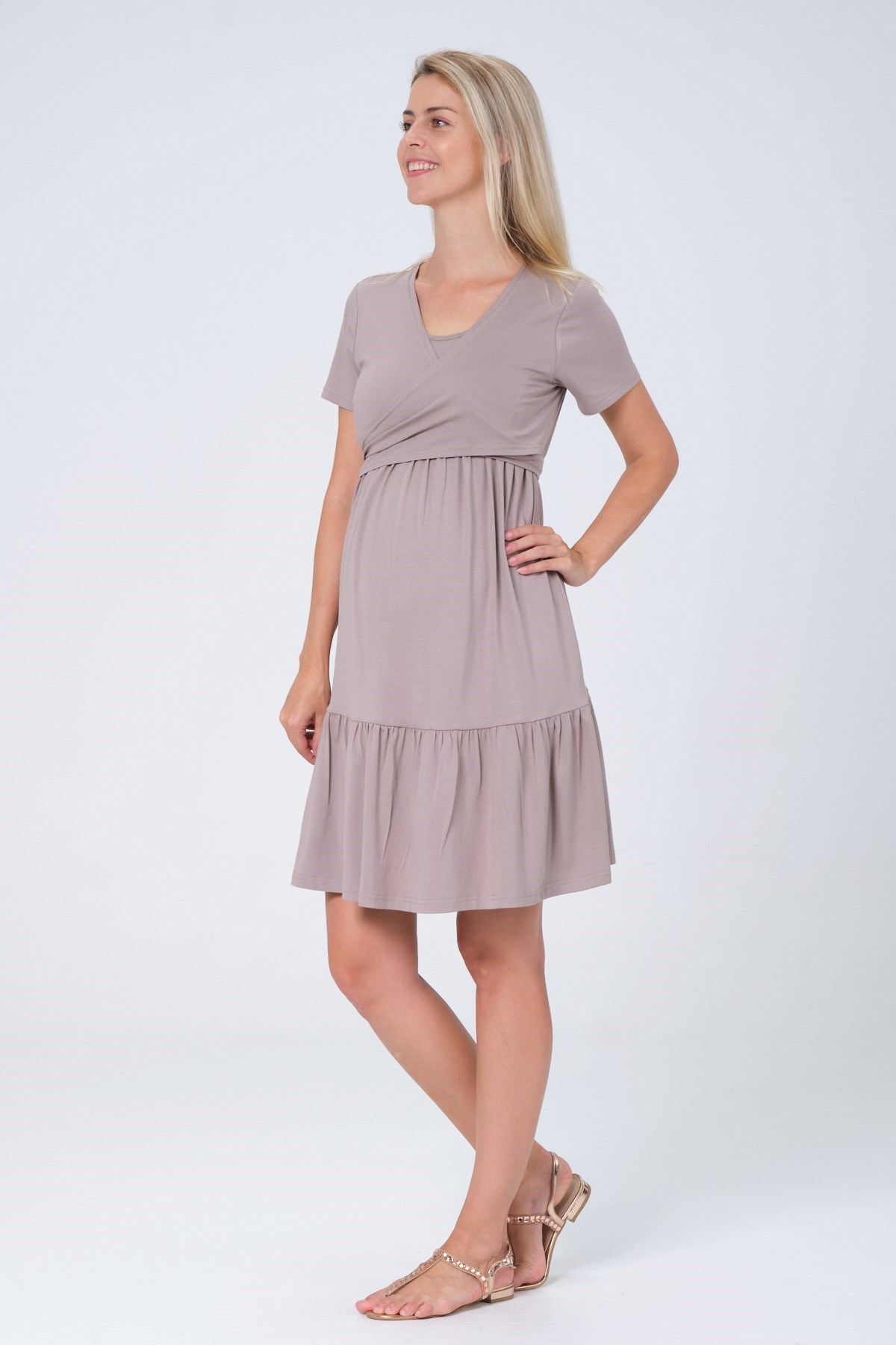 Busa Hamile Önden Kuşaklı Emzirme Detaylı Penye Kısa Kollu Elbise Vizon