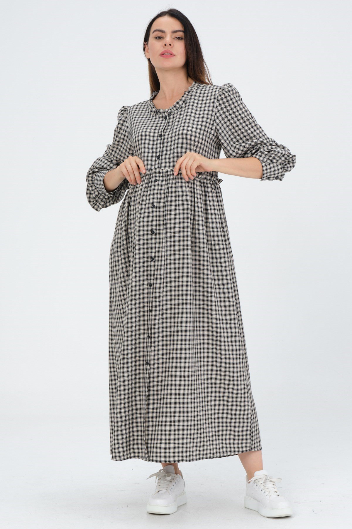 Busa Hamile Pitikare Yandan Cepli Uzun Gömlek Elbise Ekru