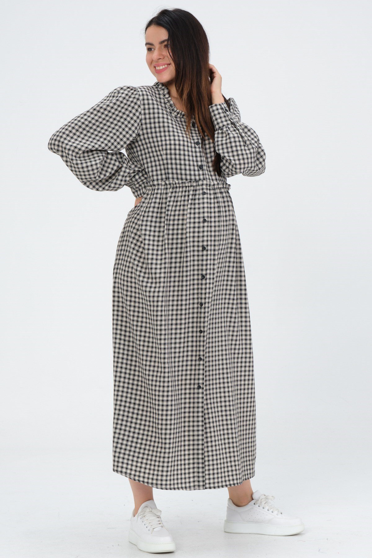 Busa Hamile Pitikare Yandan Cepli Uzun Gömlek Elbise Ekru