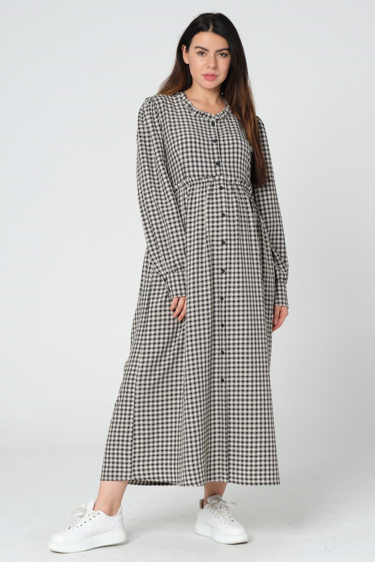 Busa Hamile Pitikare Yandan Cepli Uzun Gömlek Elbise Ekru