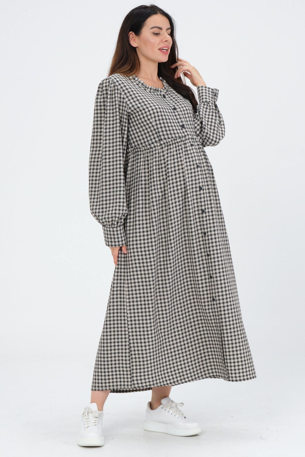 Busa Hamile Pitikare Yandan Cepli Uzun Gömlek Elbise Ekru