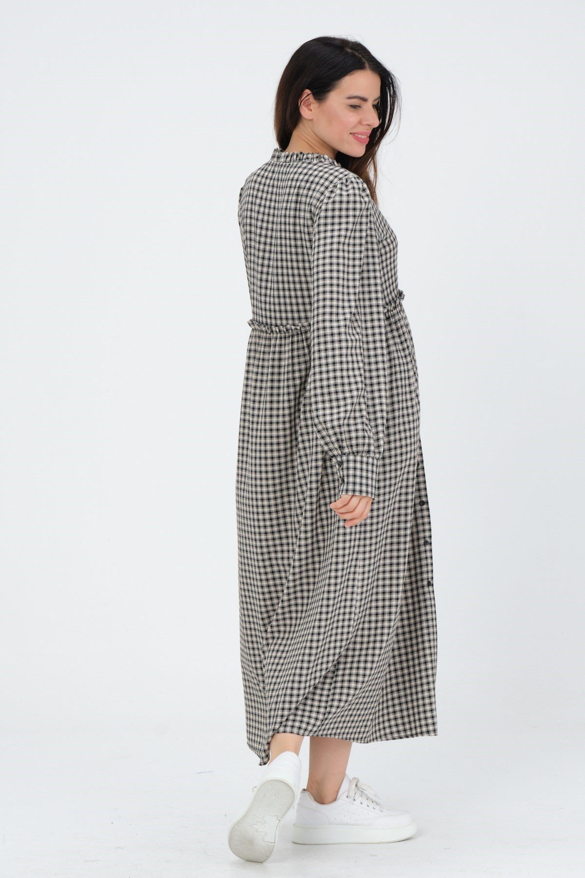 Busa Hamile Pitikare Yandan Cepli Uzun Gömlek Elbise Ekru