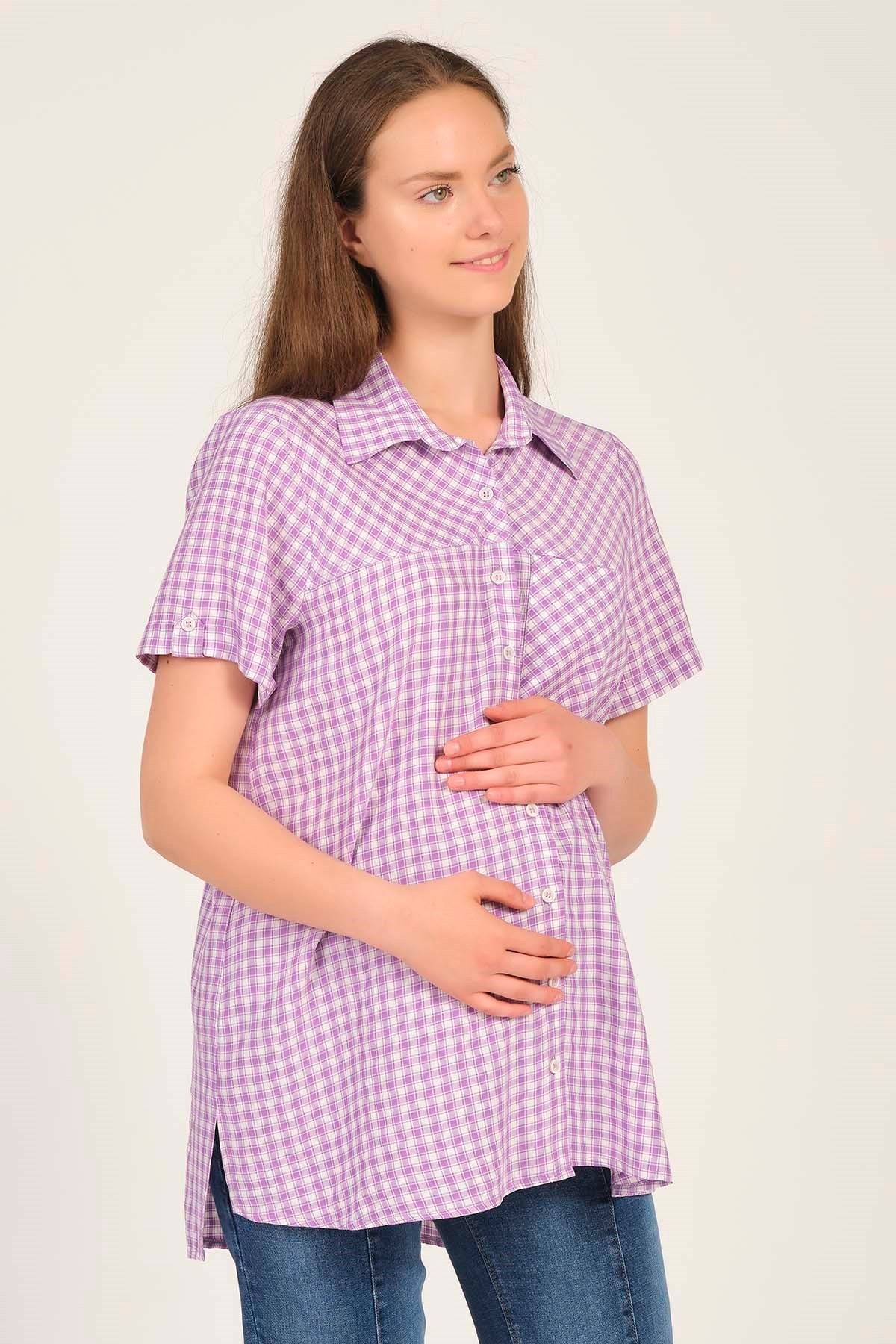 Busa Hamile Pötikare Kısa Kollu Gömlek Lila