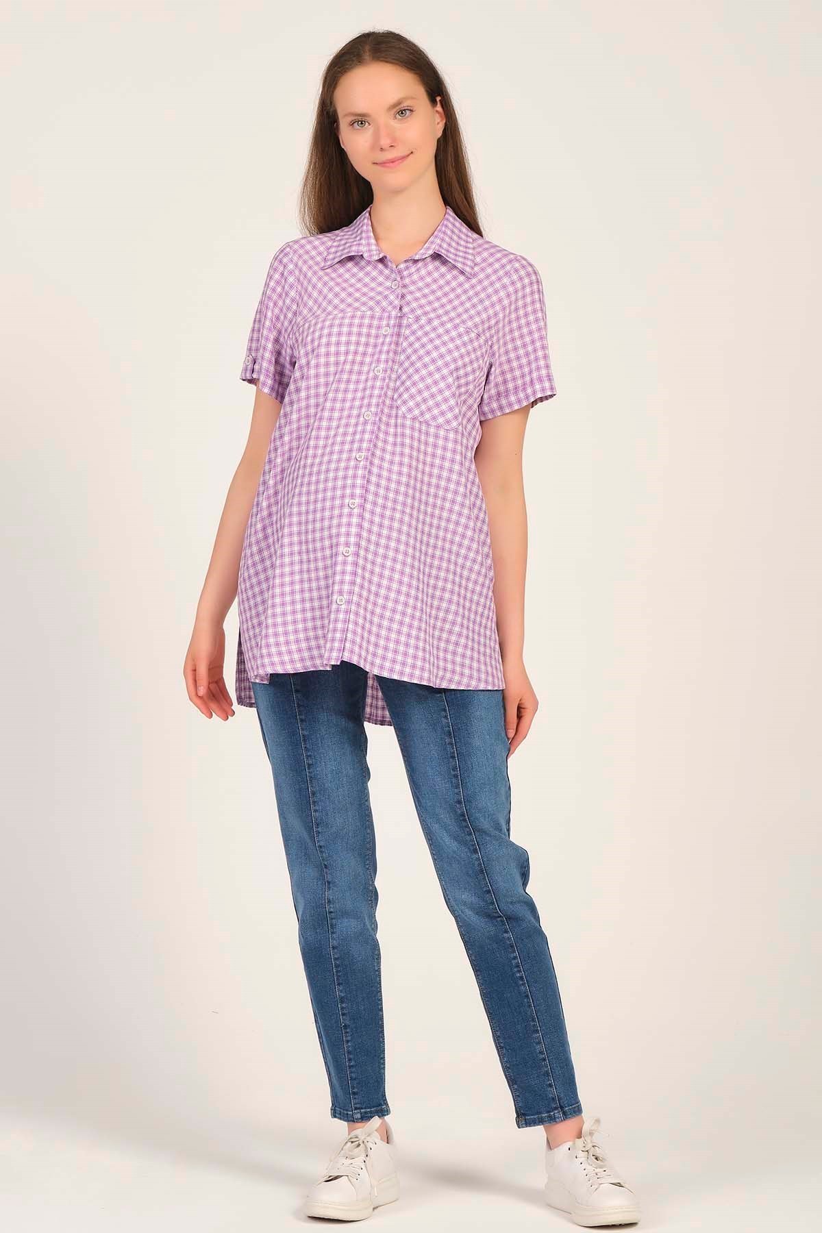 Busa Hamile Pötikare Kısa Kollu Gömlek Lila