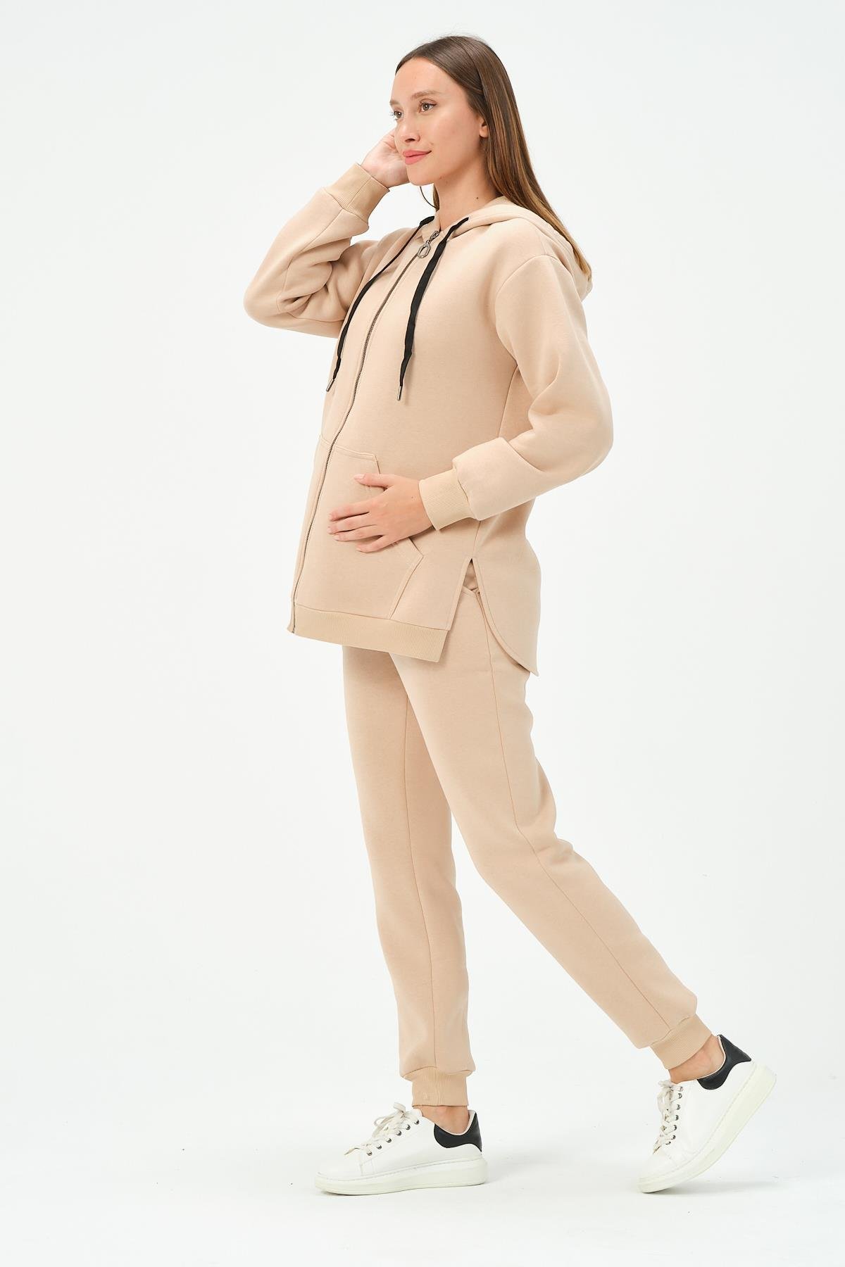 Busa Hamile Termal Fermuarlı Kapüşonlu Eşofman Takım Bej