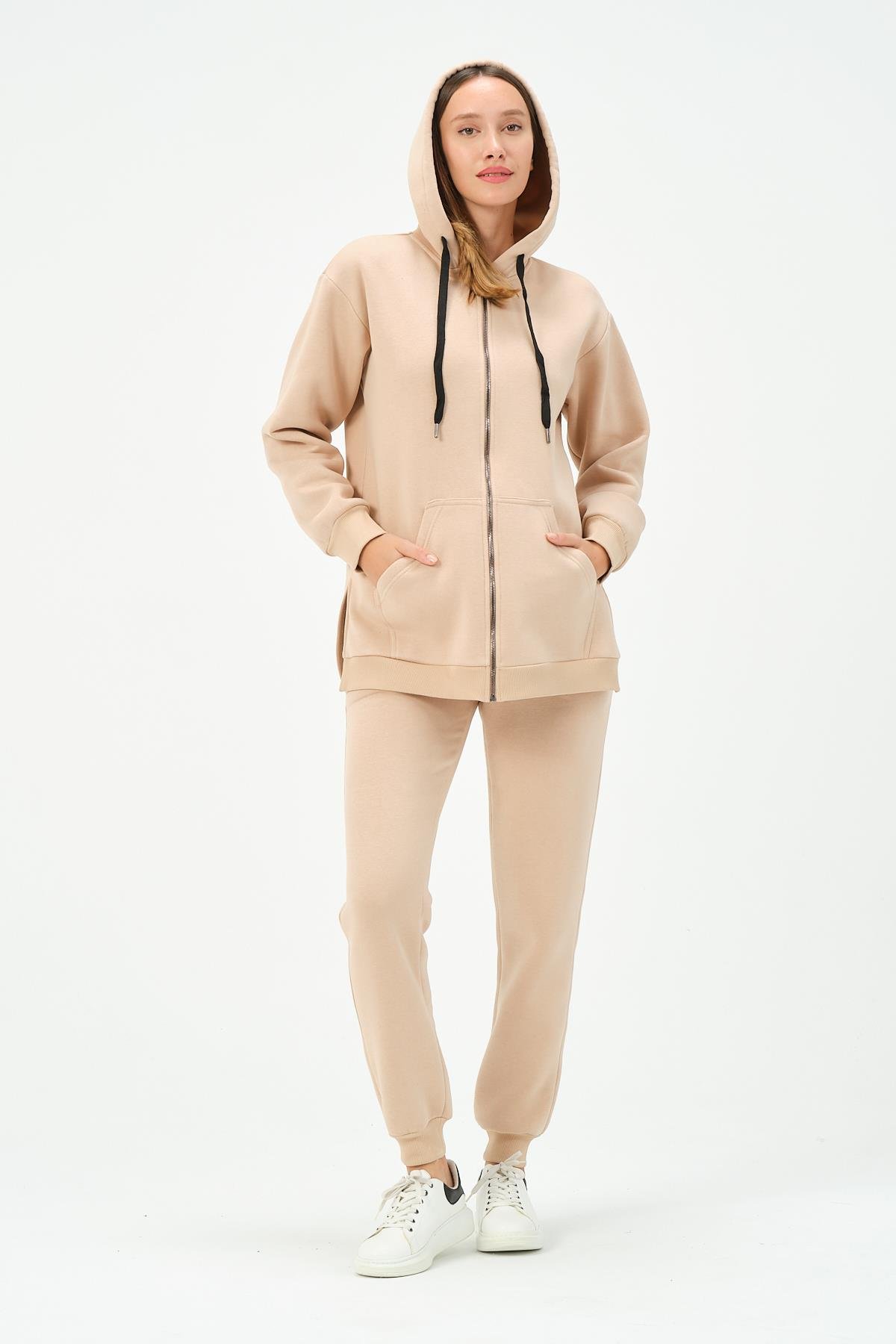 Busa Hamile Termal Fermuarlı Kapüşonlu Eşofman Takım Bej