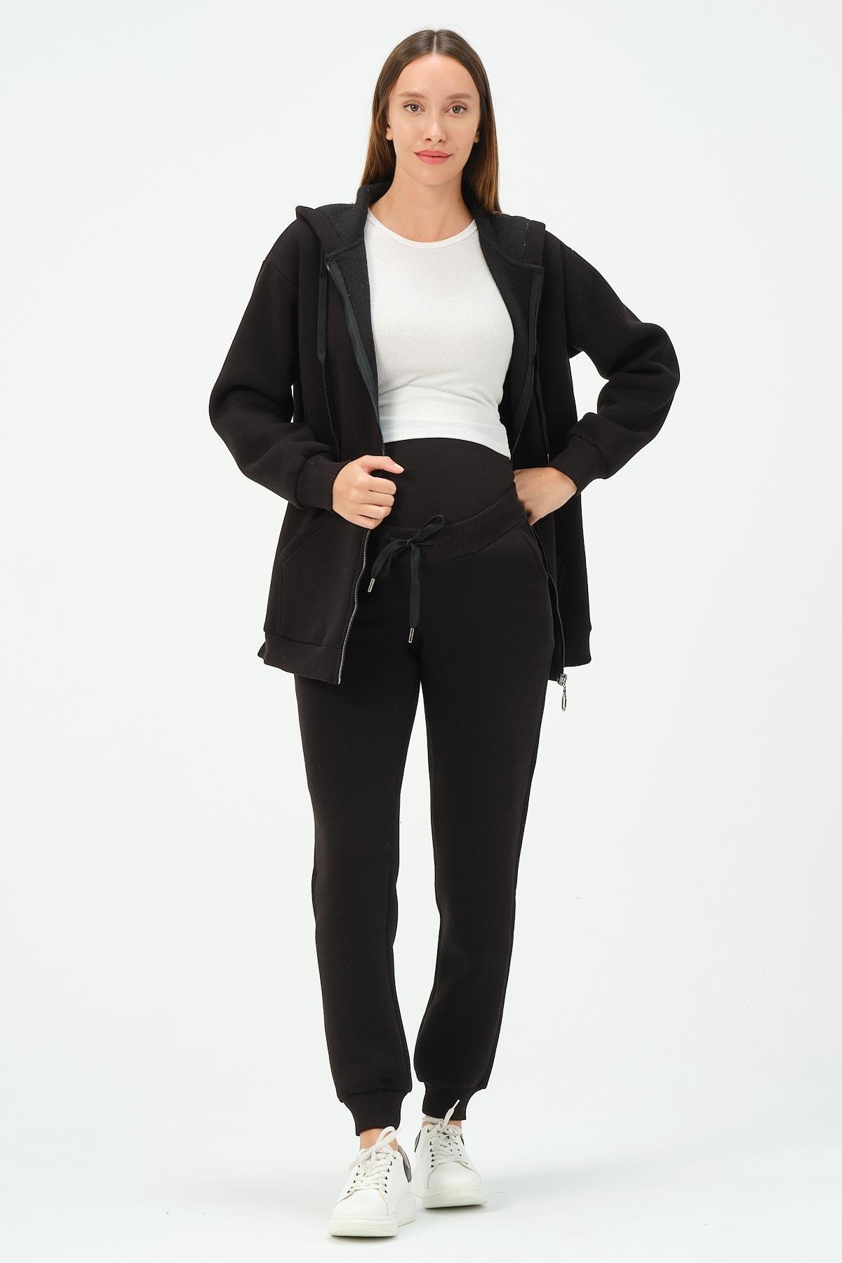 Busa Hamile Termal Fermuarlı Kapüşonlu Eşofman Takım Siyah