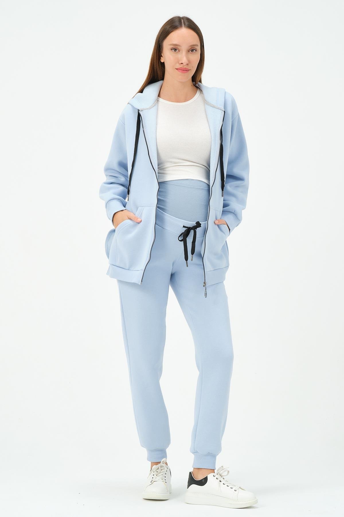 Busa Hamile Termal Fermuarlı Kapüşonlu Eşofman Takım Mavi