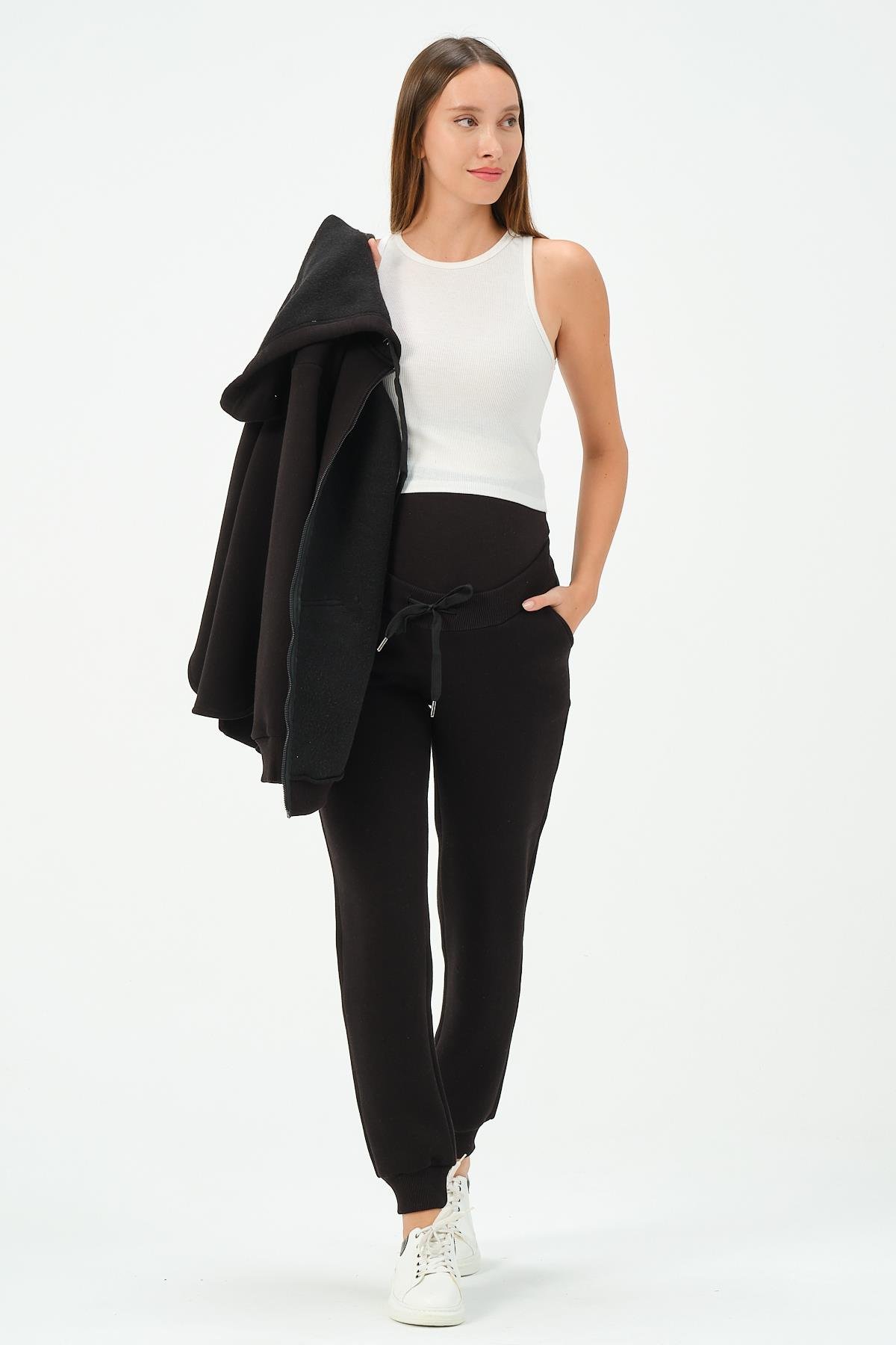 Busa Hamile Termal Fermuarlı Kapüşonlu Eşofman Takım Siyah