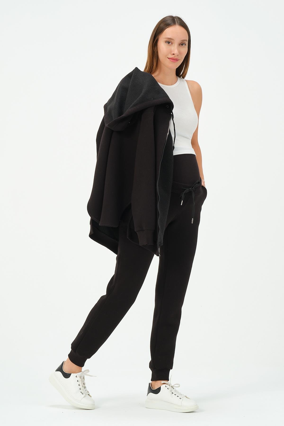 Busa Hamile Termal Fermuarlı Kapüşonlu Eşofman Takım Siyah