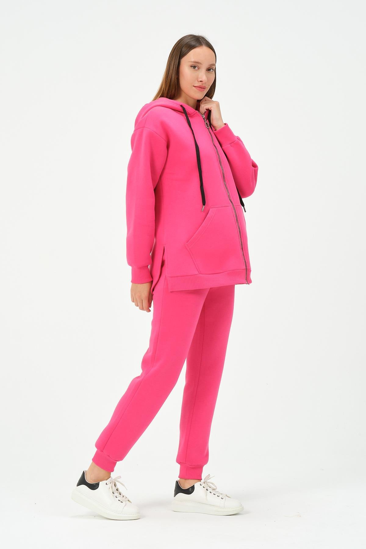 Busa Hamile Termal Fermuarlı Kapüşonlu Eşofman Takım Pembe