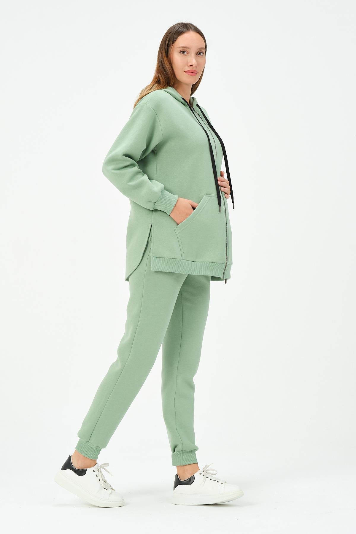 Busa Hamile Termal Fermuarlı Kapüşonlu Eşofman Takım Çağla