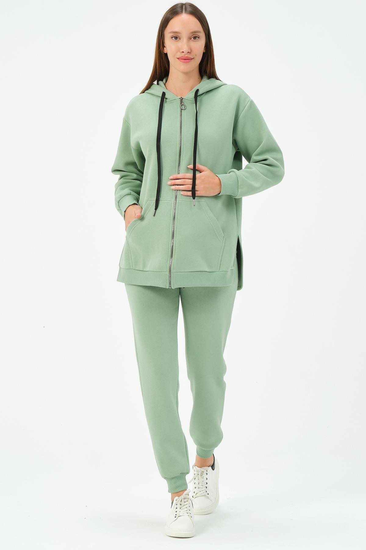 Busa Hamile Termal Fermuarlı Kapüşonlu Eşofman Takım Çağla