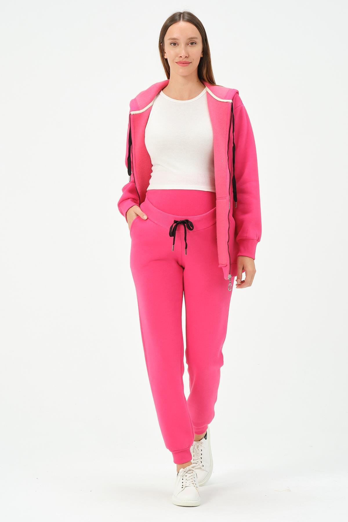 Busa Hamile Termal Fermuarlı Kapüşonlu Eşofman Takım Pembe