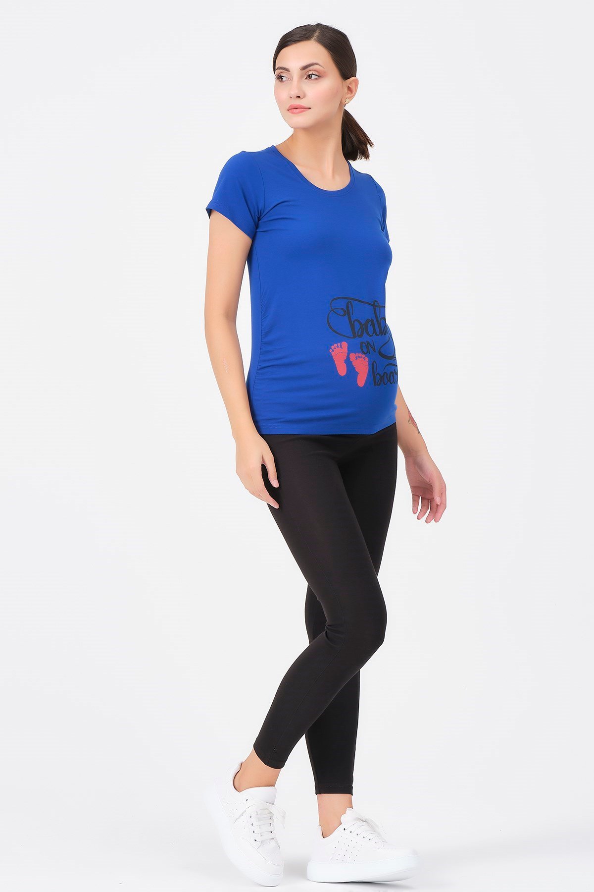 Busa Hamile U Yaka Bebek Ayak İzi Baskılı Tişört Saks