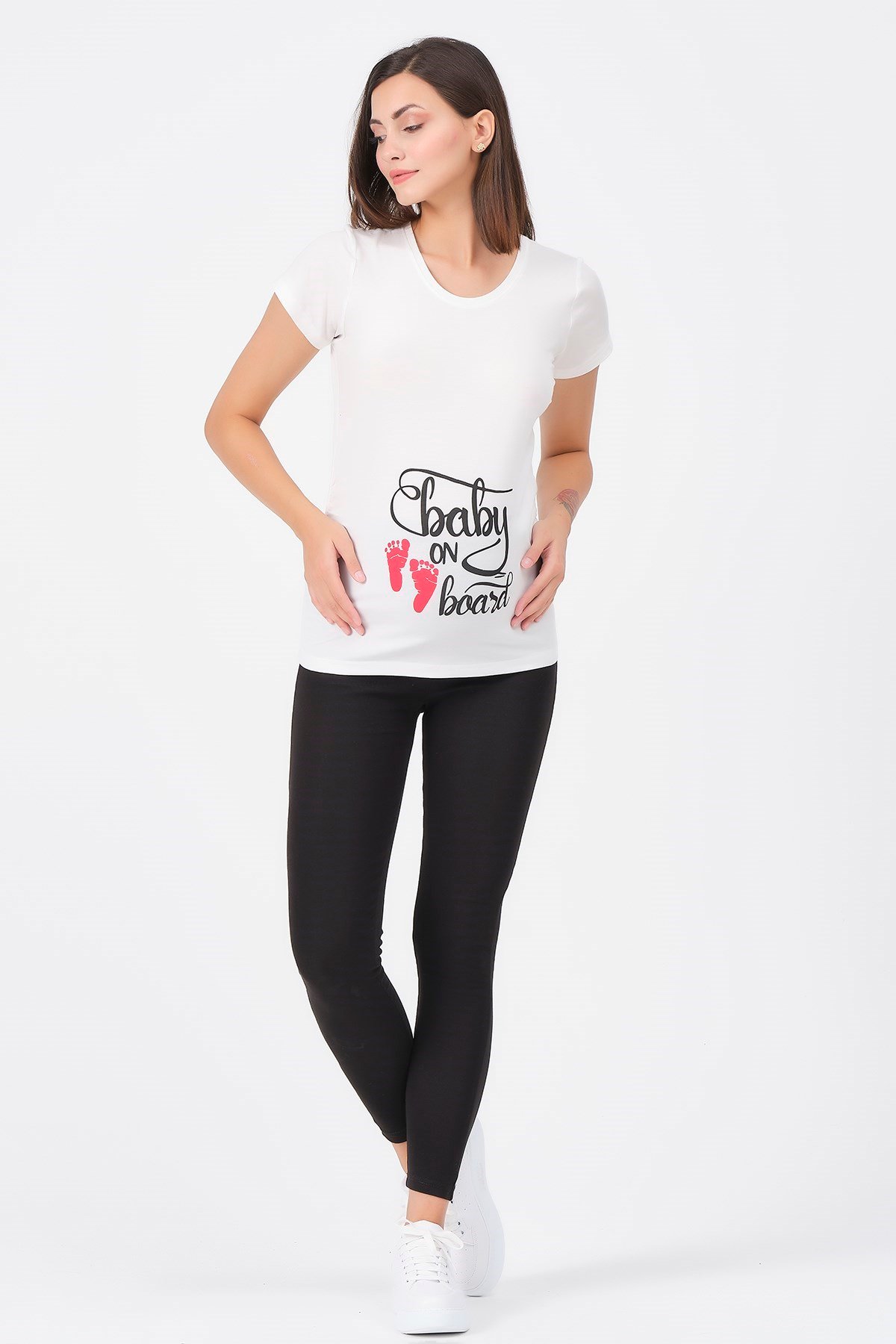 Busa Hamile U Yaka Bebek Ayak İzi Baskılı Tişört Ekru
