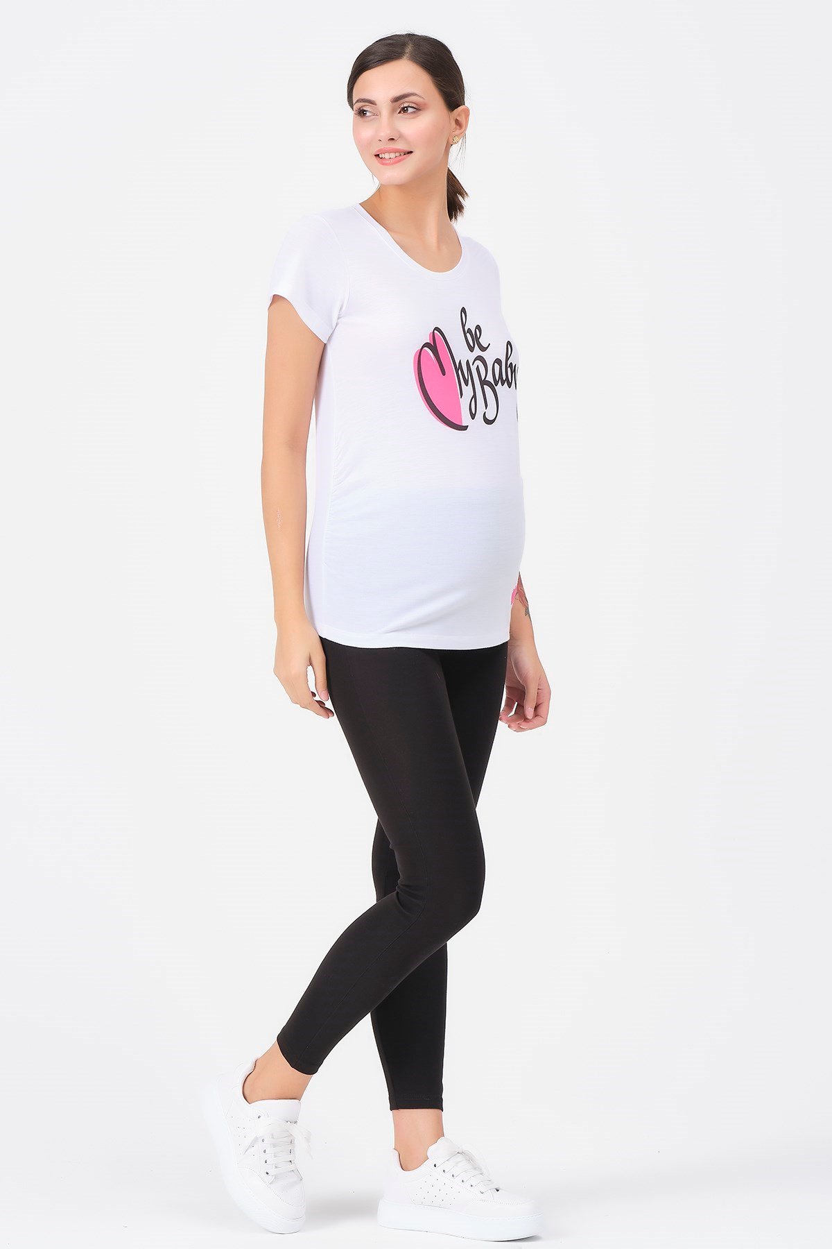 Busa Hamile U Yaka Kalp Baskılı Tişört Beyaz