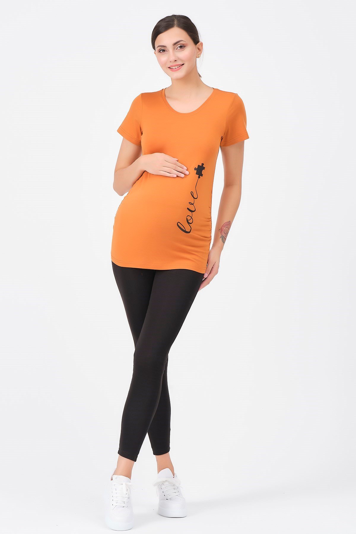 Busa Hamile U Yaka Love Baskılı Tişört Kiremit