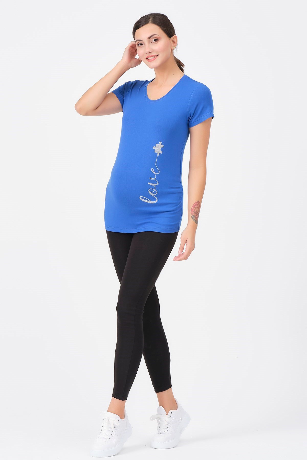 Busa Hamile U Yaka Love Baskılı Tişört Saks