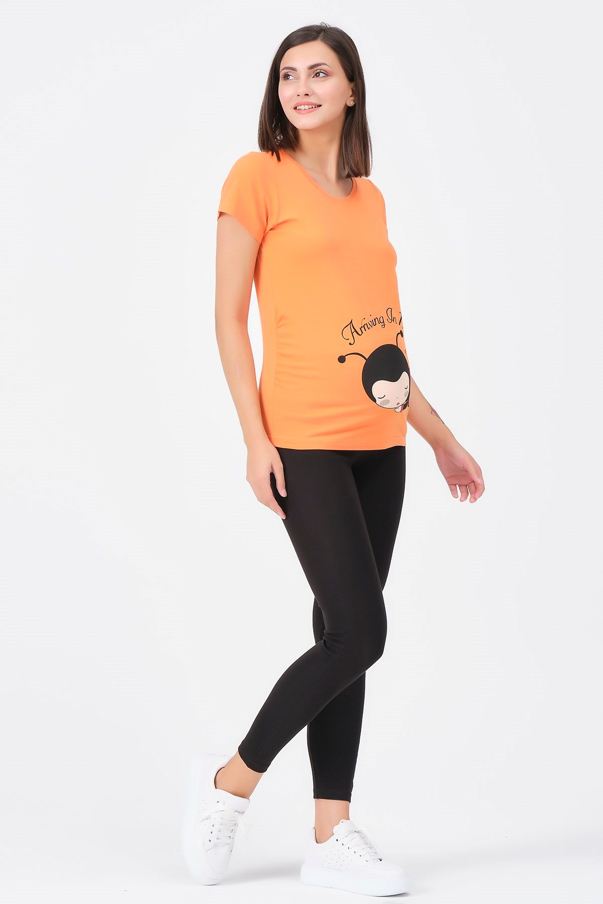 Busa Hamile U Yaka Uğur Böceği Baskılı Tişört Somon