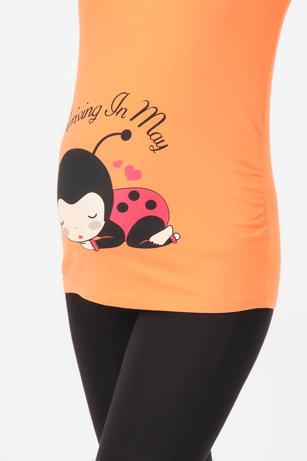 Busa Hamile U Yaka Uğur Böceği Baskılı Tişört Somon