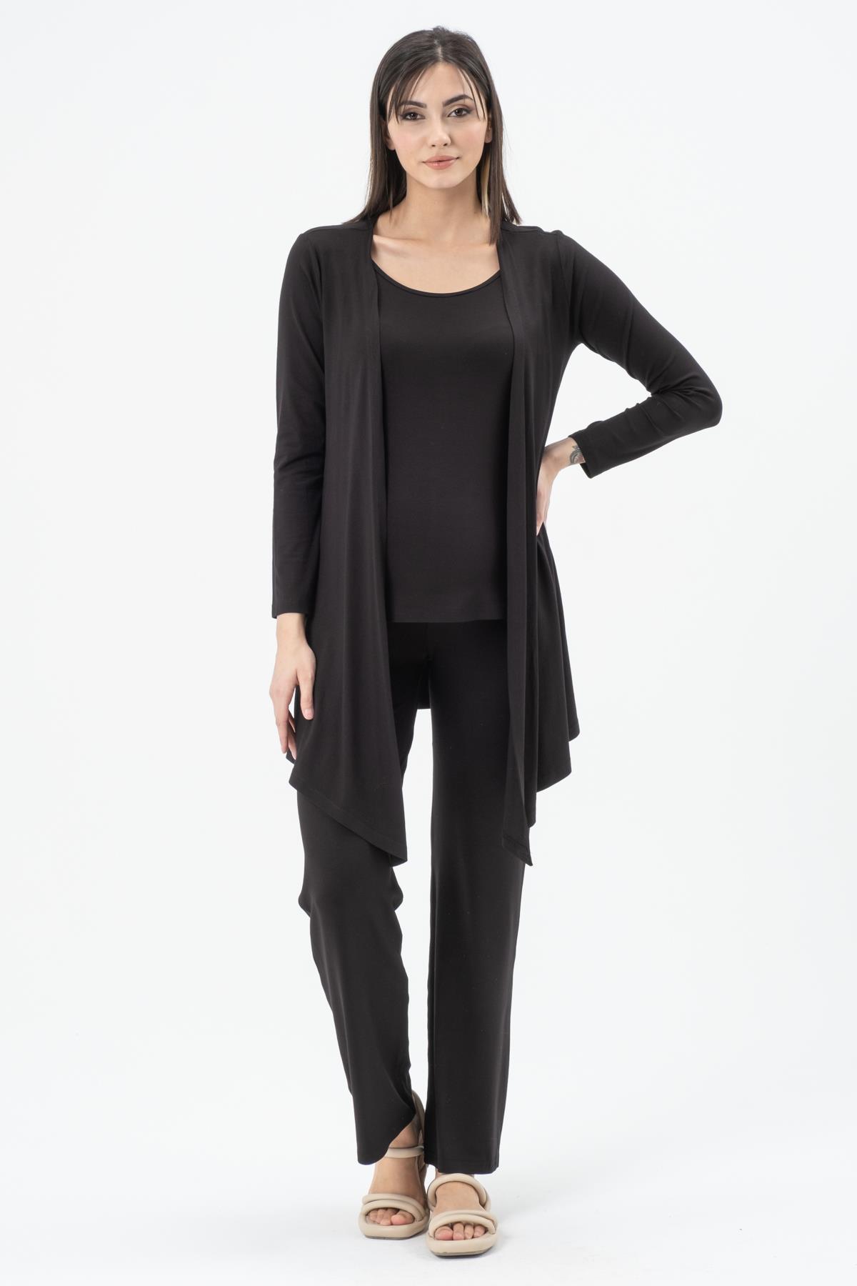 Busa Hamile Üçlü Penye Set ( Askılı T-Shırt - Hırka - Bol Paça Alt) Siyah