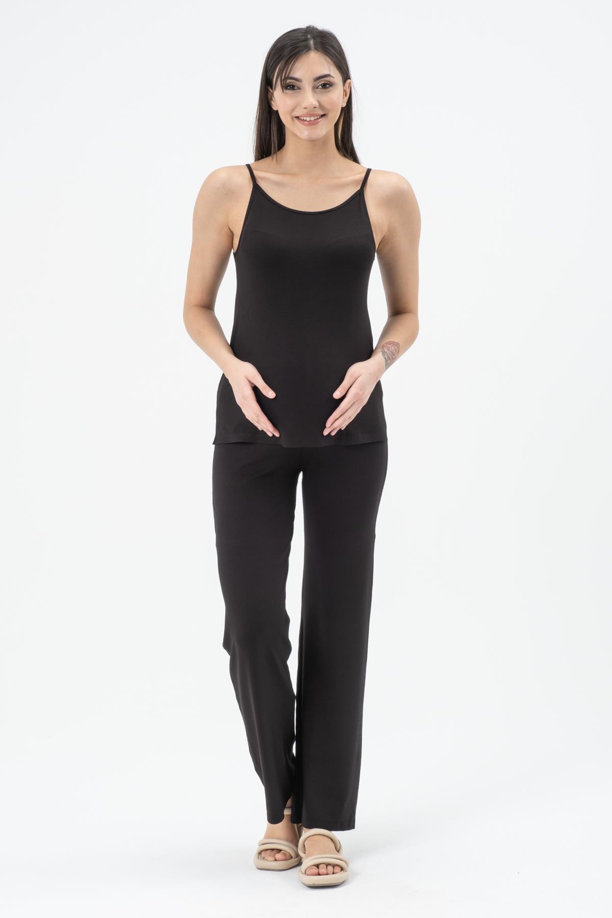 Busa Hamile Üçlü Penye Set ( Askılı T-Shırt - Hırka - Bol Paça Alt) Siyah