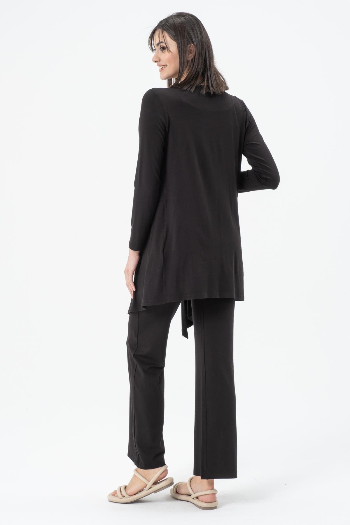 Busa Hamile Üçlü Penye Set ( Askılı T-Shırt - Hırka - Bol Paça Alt) Siyah