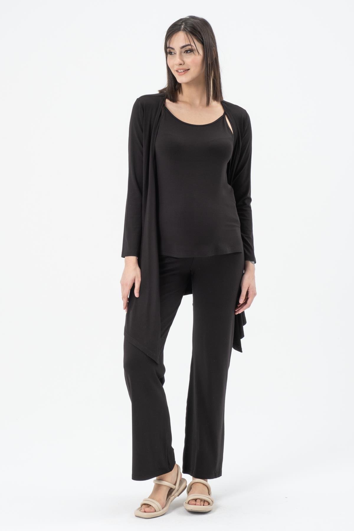 Busa Hamile Üçlü Penye Set ( Askılı T-Shırt - Hırka - Bol Paça Alt) Siyah