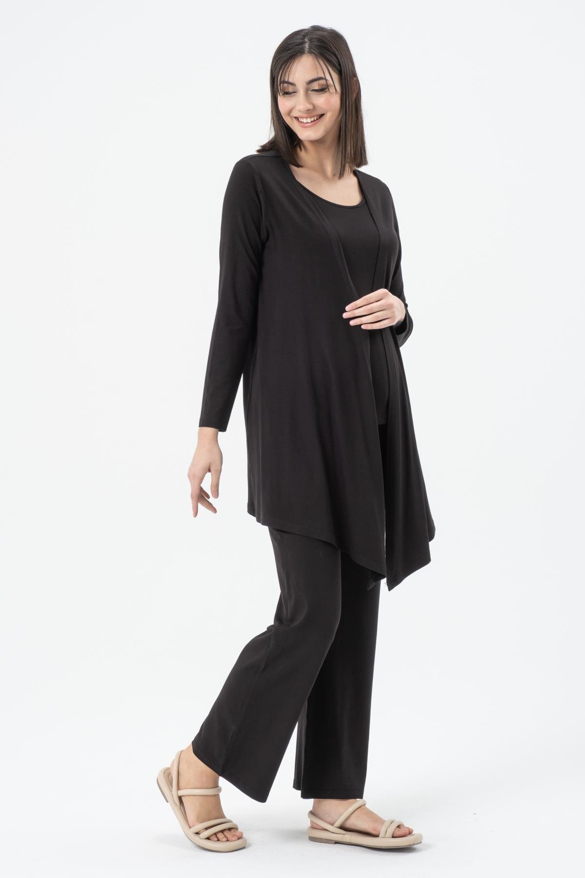 Busa Hamile Üçlü Penye Set ( Askılı T-Shırt - Hırka - Bol Paça Alt) Siyah