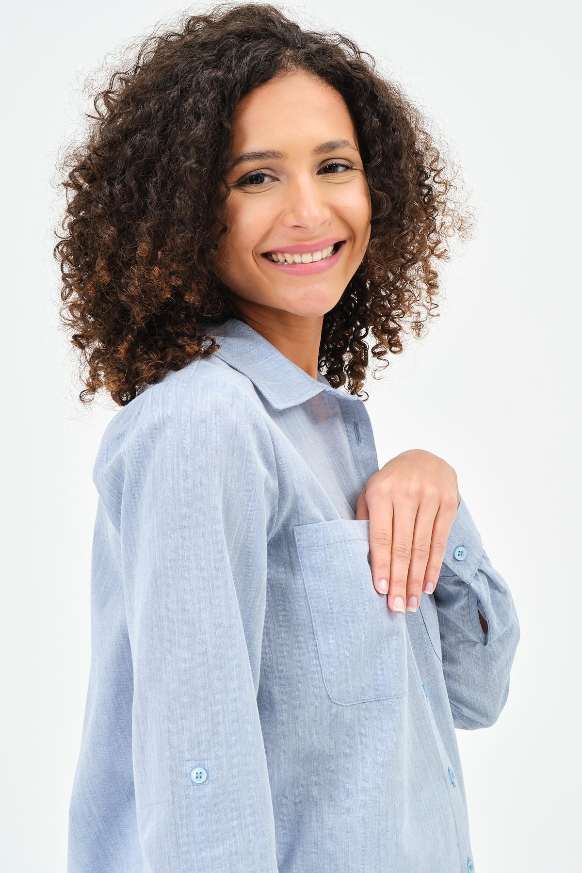 Busa Hamile Uzun Kollu Önden Cepli Keten Gömlek Mavi