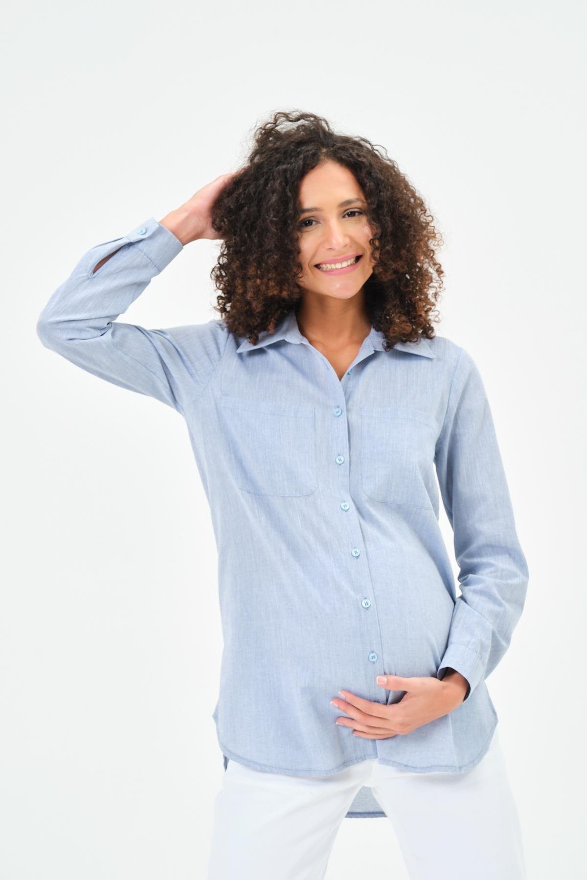 Busa Hamile Uzun Kollu Önden Cepli Keten Gömlek Mavi