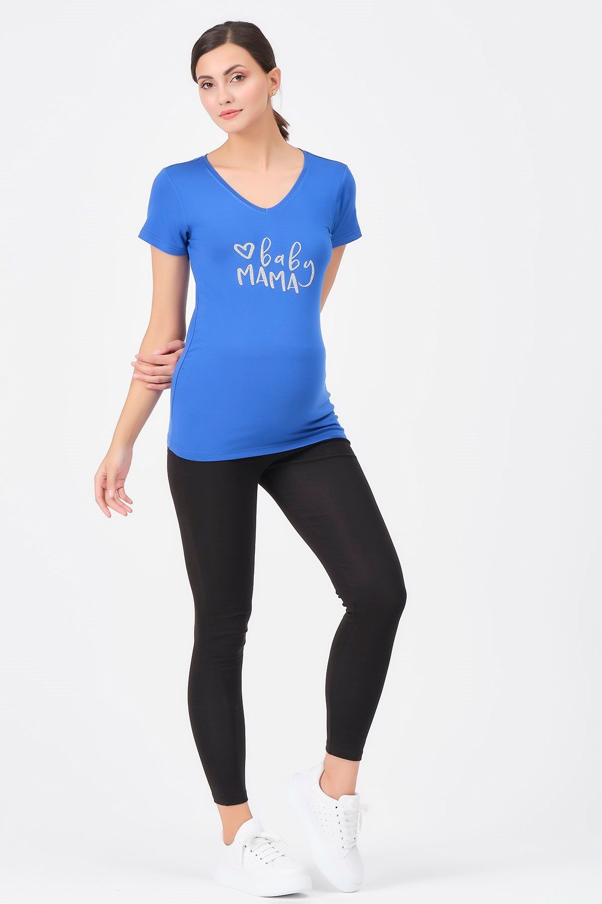 Busa Hamile V Yaka Baby Mama Baskılı Tişört Saks