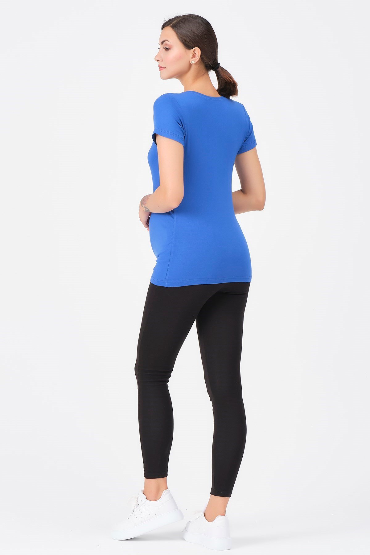 Busa Hamile V Yaka Baby Mama Baskılı Tişört Saks