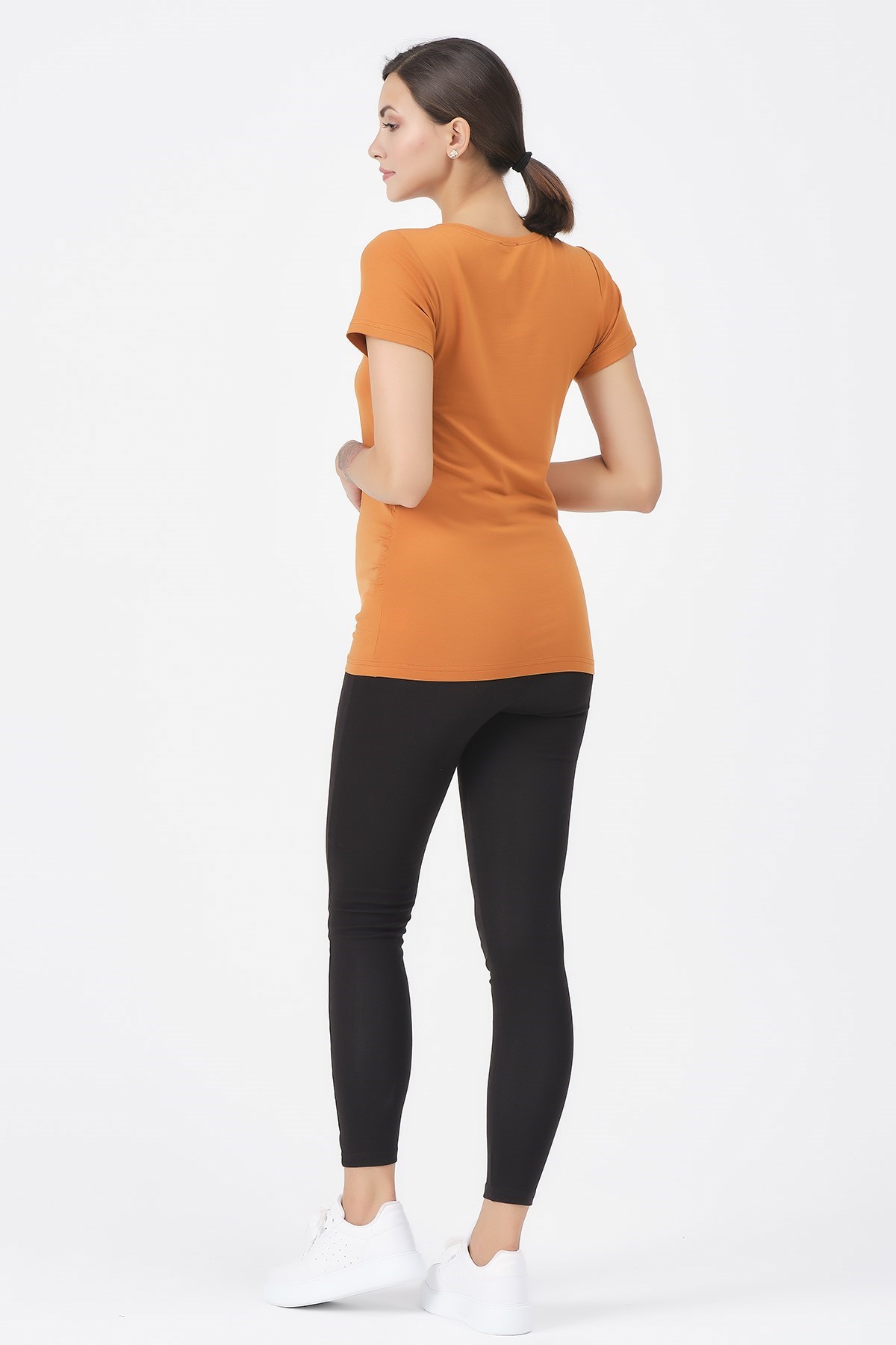 Busa Hamile V Yaka Baby Mama Baskılı Tişört Kiremit