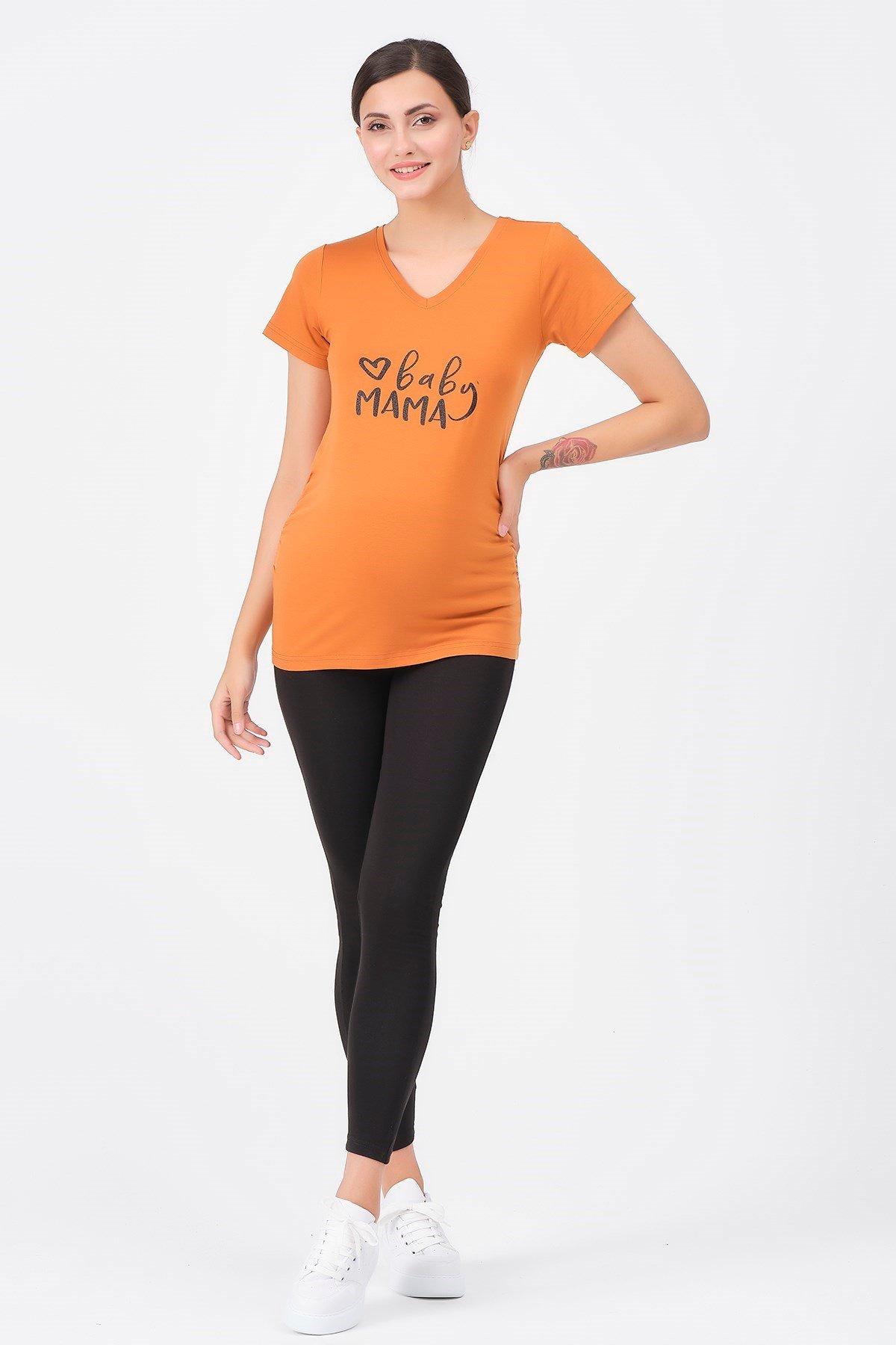 Busa Hamile V Yaka Baby Mama Baskılı Tişört Kiremit
