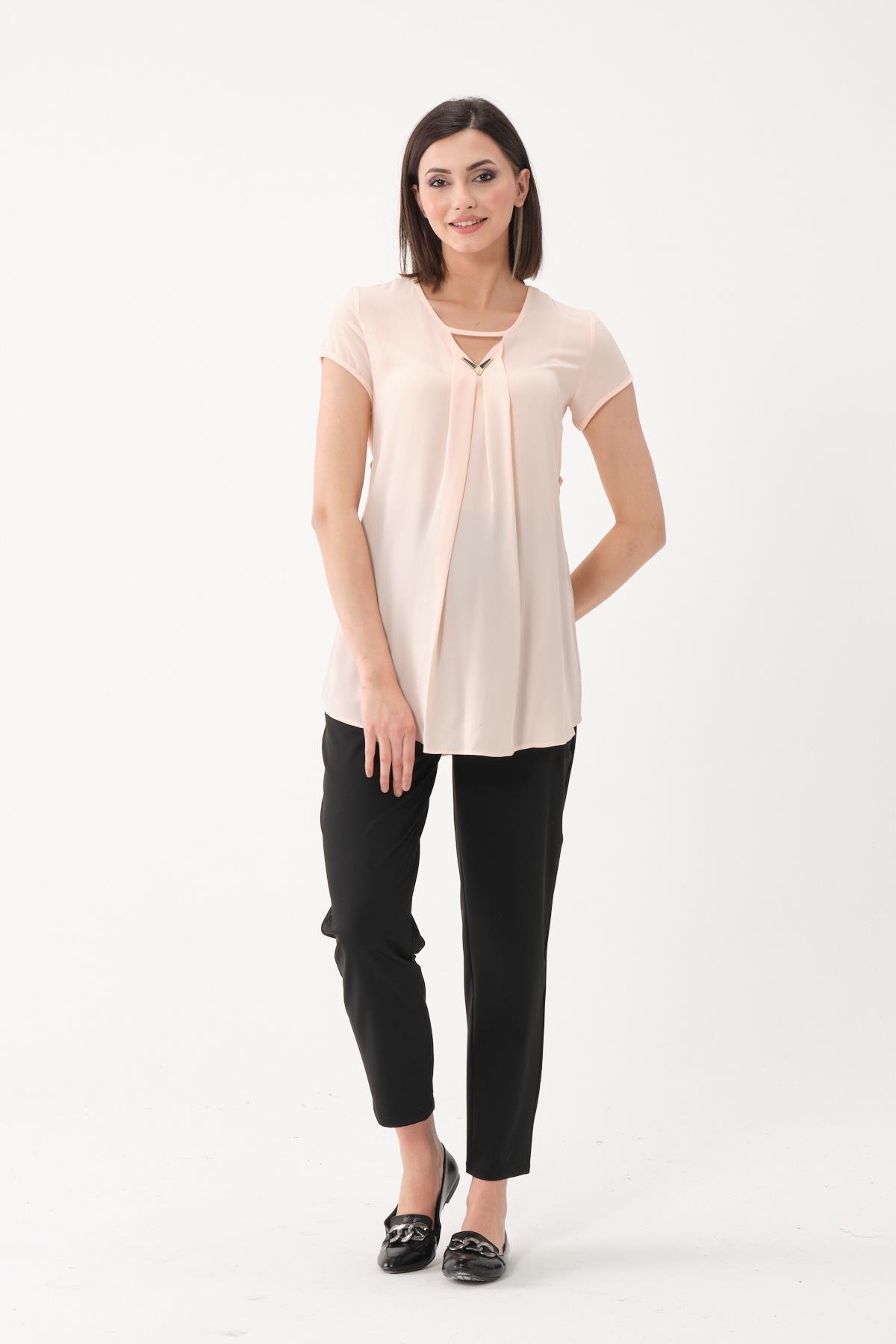 Busa Hamile V Yaka Kısa Kollu Şifon Bluz Pembe