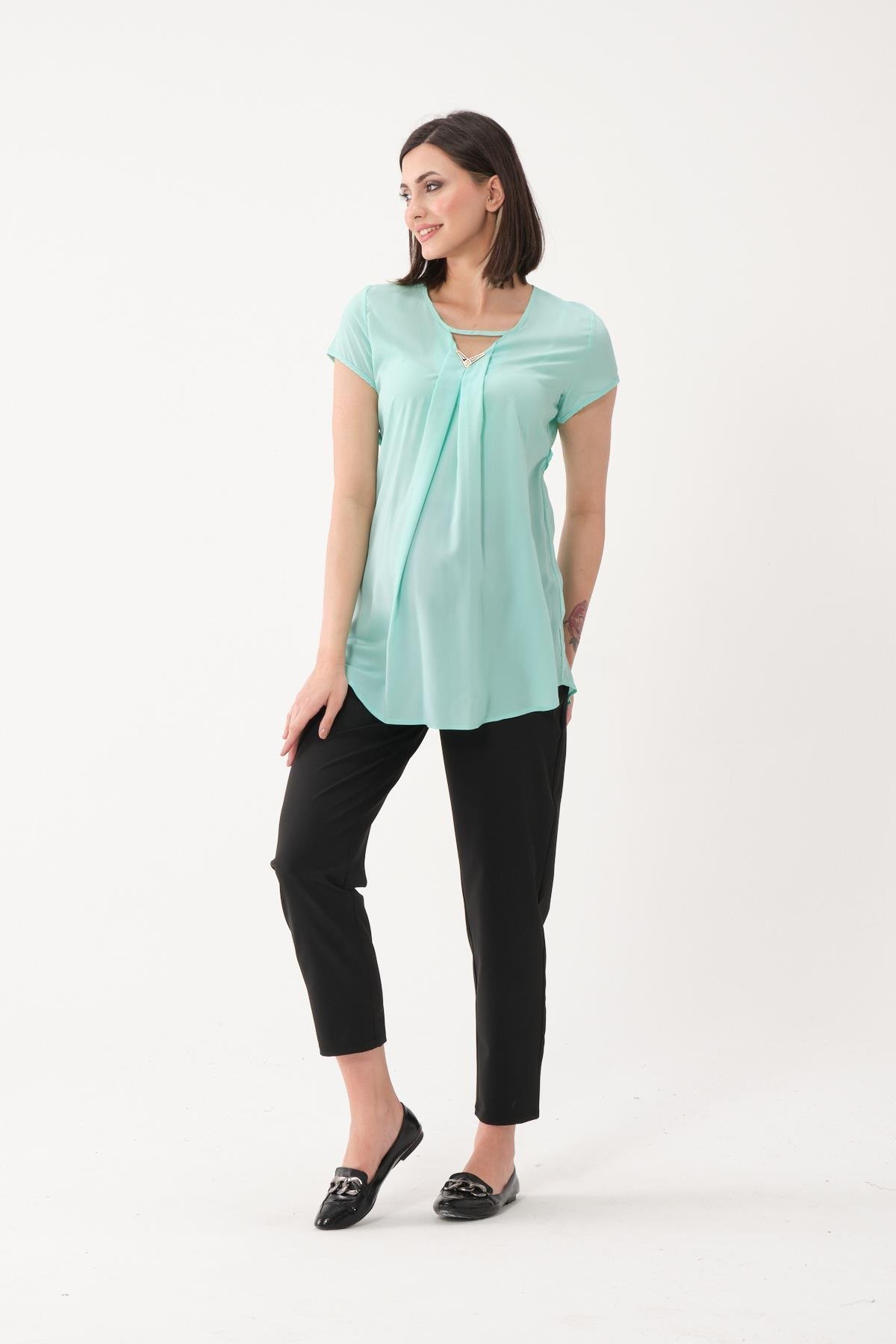 Busa Hamile V Yaka Kısa Kollu Şifon Bluz Mintyeşili