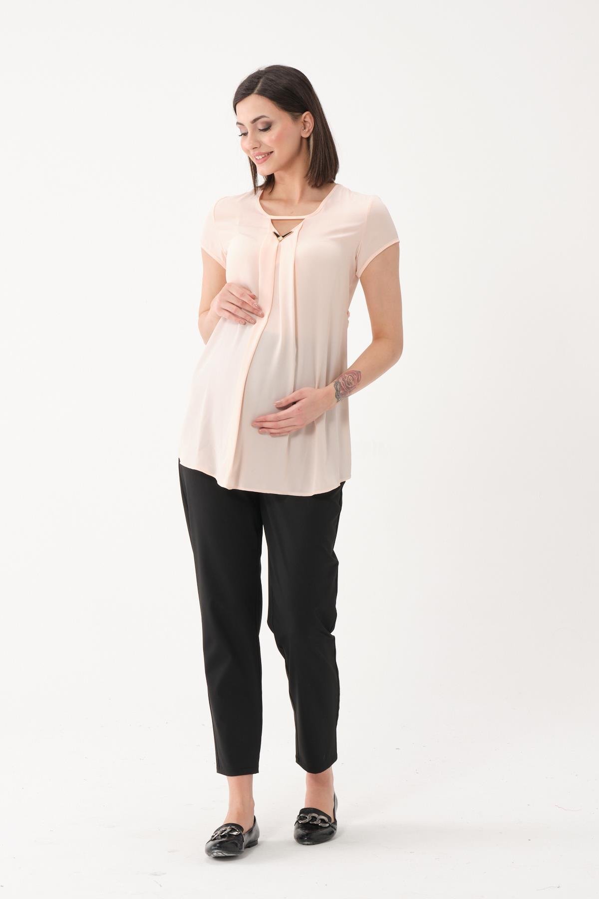 Busa Hamile V Yaka Kısa Kollu Şifon Bluz Pembe