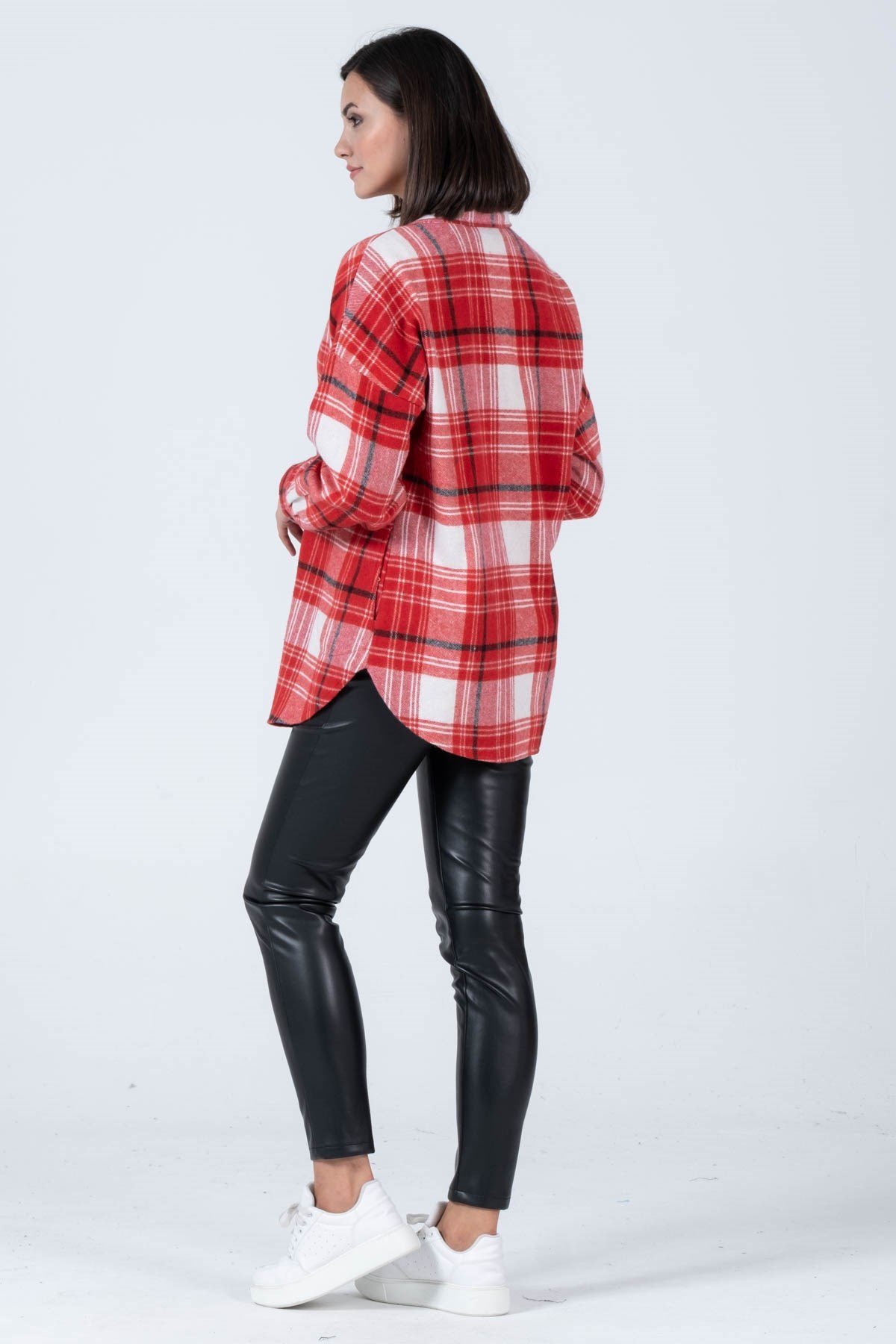 Busa Hamile Yandan Cepli Önden Fermuarlı Ekose Oduncu Gömlek Kırmızı