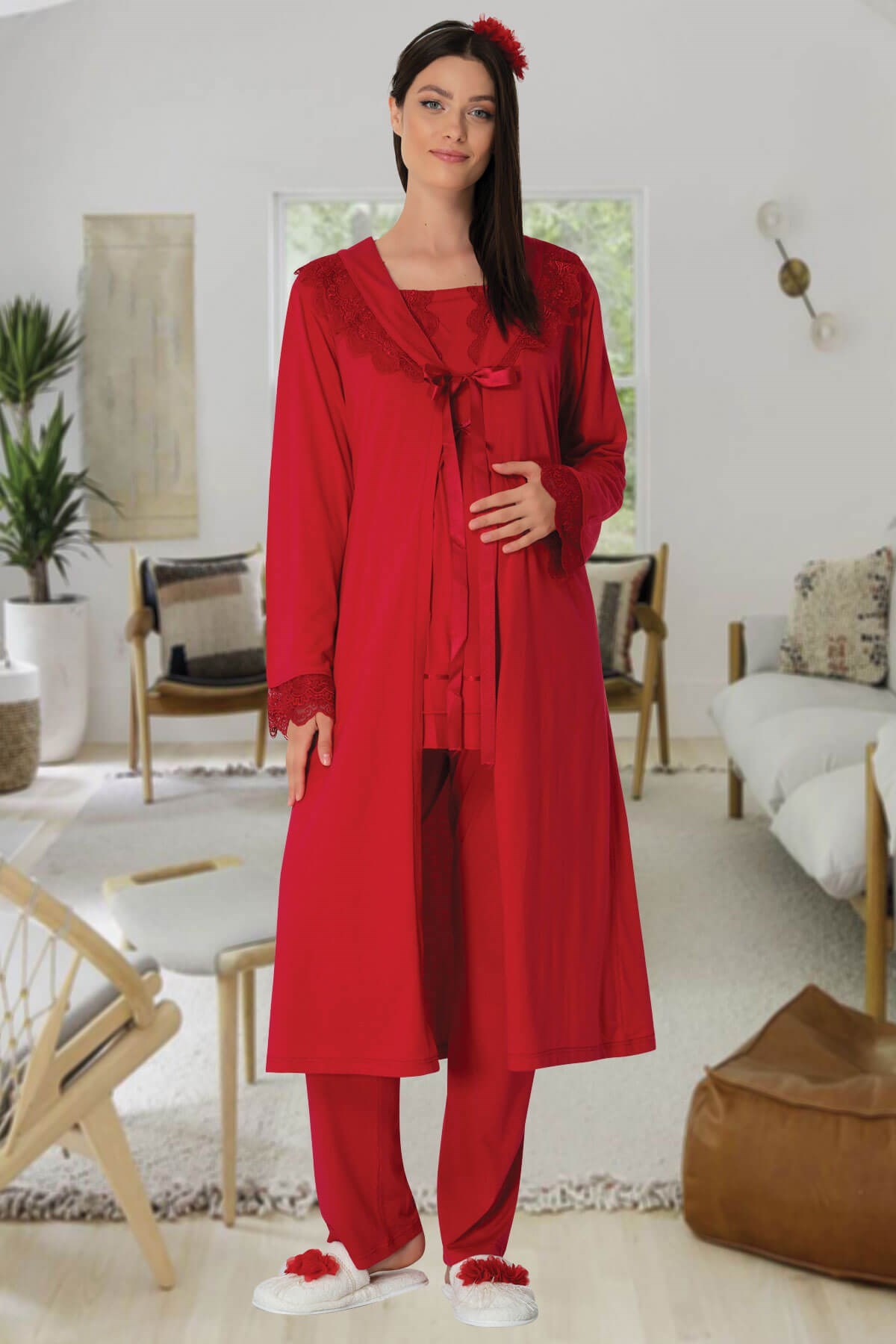 Carpediem 1513 Kırmızı Sabahlıklı Lohusa Pijama