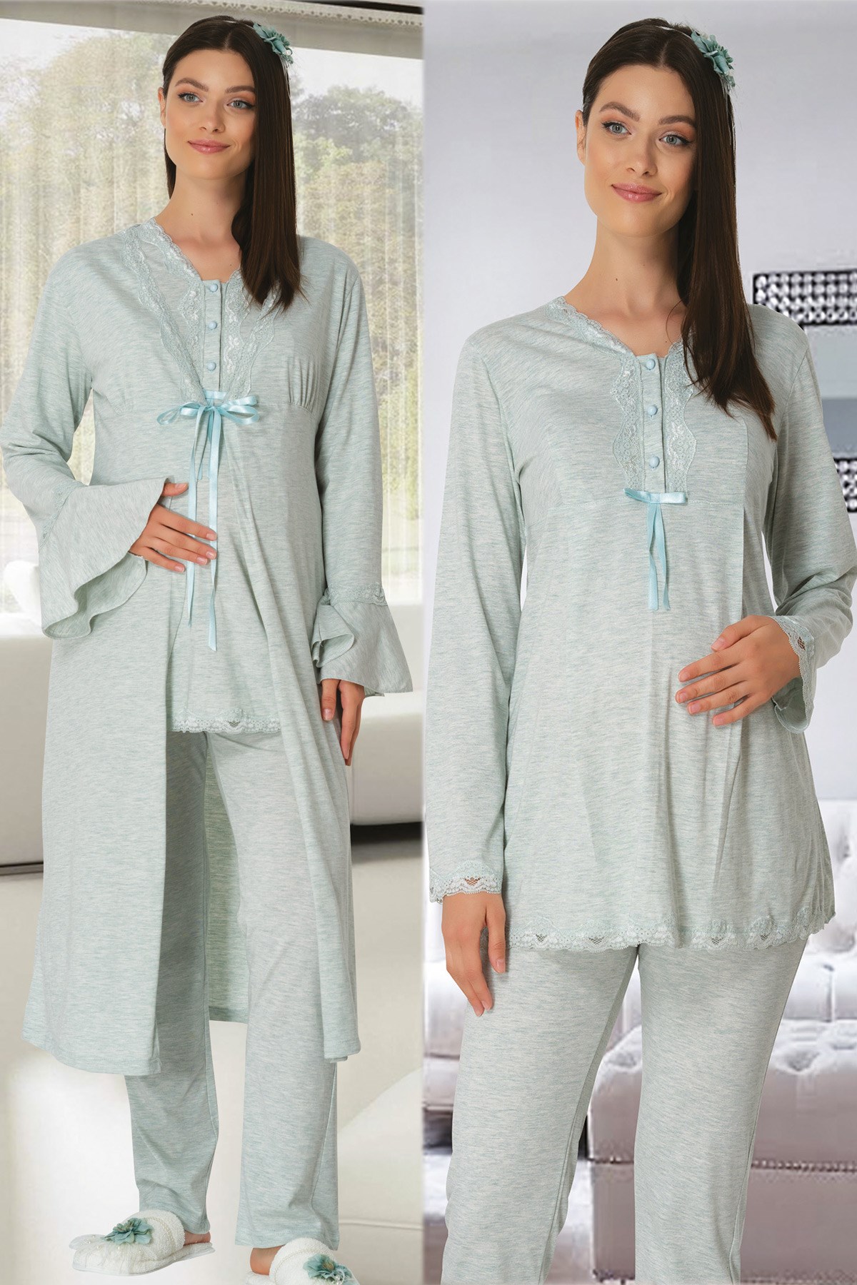 Carpediem 1520 Turkuaz Sabahlıklı Lohusa Pijama