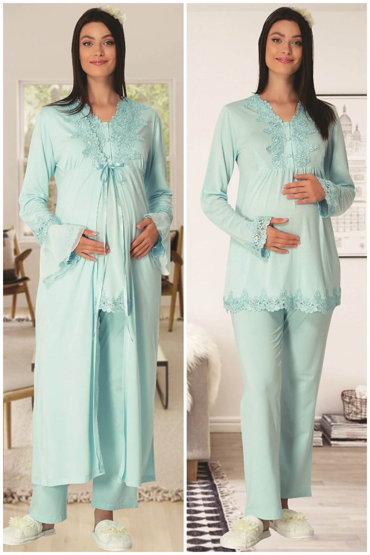 Carpediem La Rose 1517 Turkuaz Sabahlıklı Lohusa Pijama