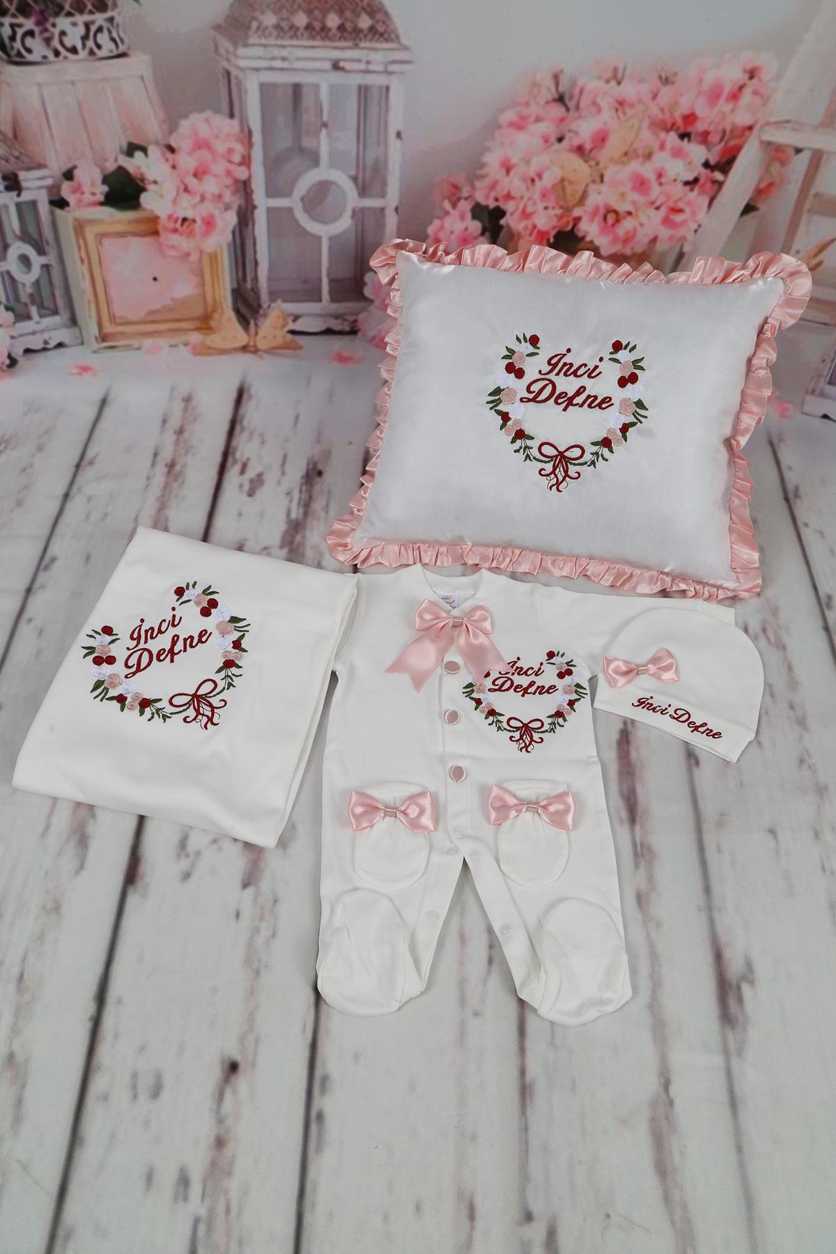 Çiçek Nakışlı İsimli Takı Yastığı ve 5li Bebek Tulum Seti