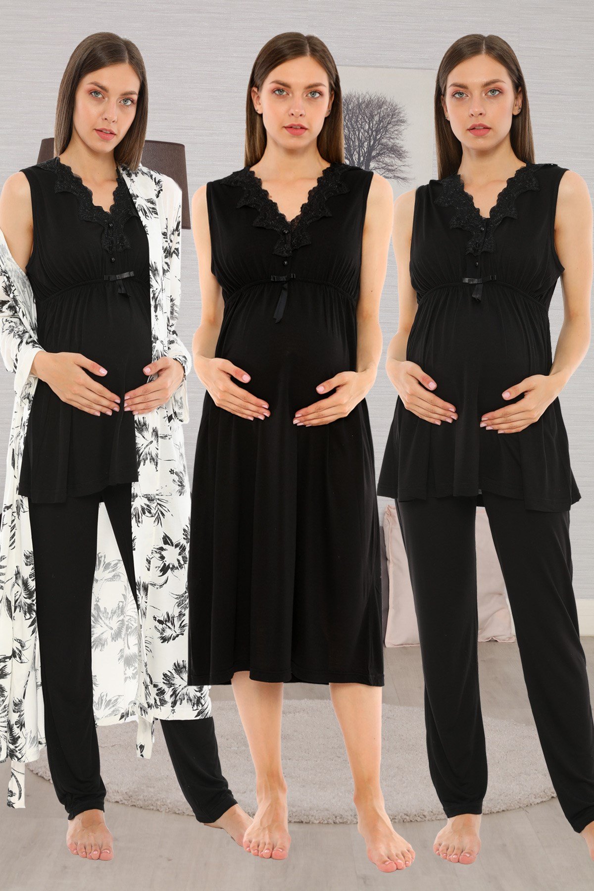 Desen Sabahlıklı 18036 Siyah Lohusa Hamile 4lü Set