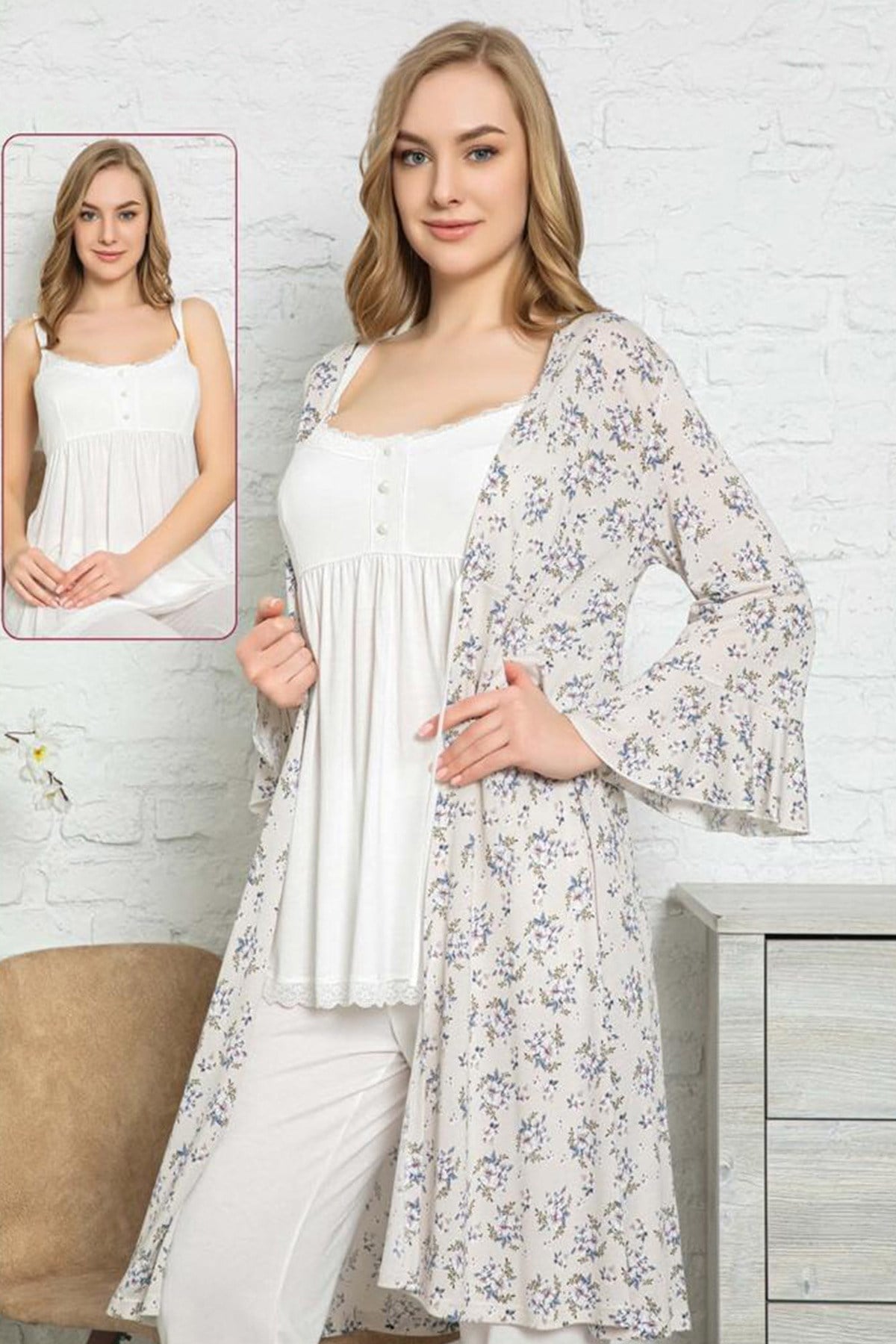 Duchesse 3016 Ekru Çiçek Detaylı Sabahlıklı Lohusa Pijama Takımı