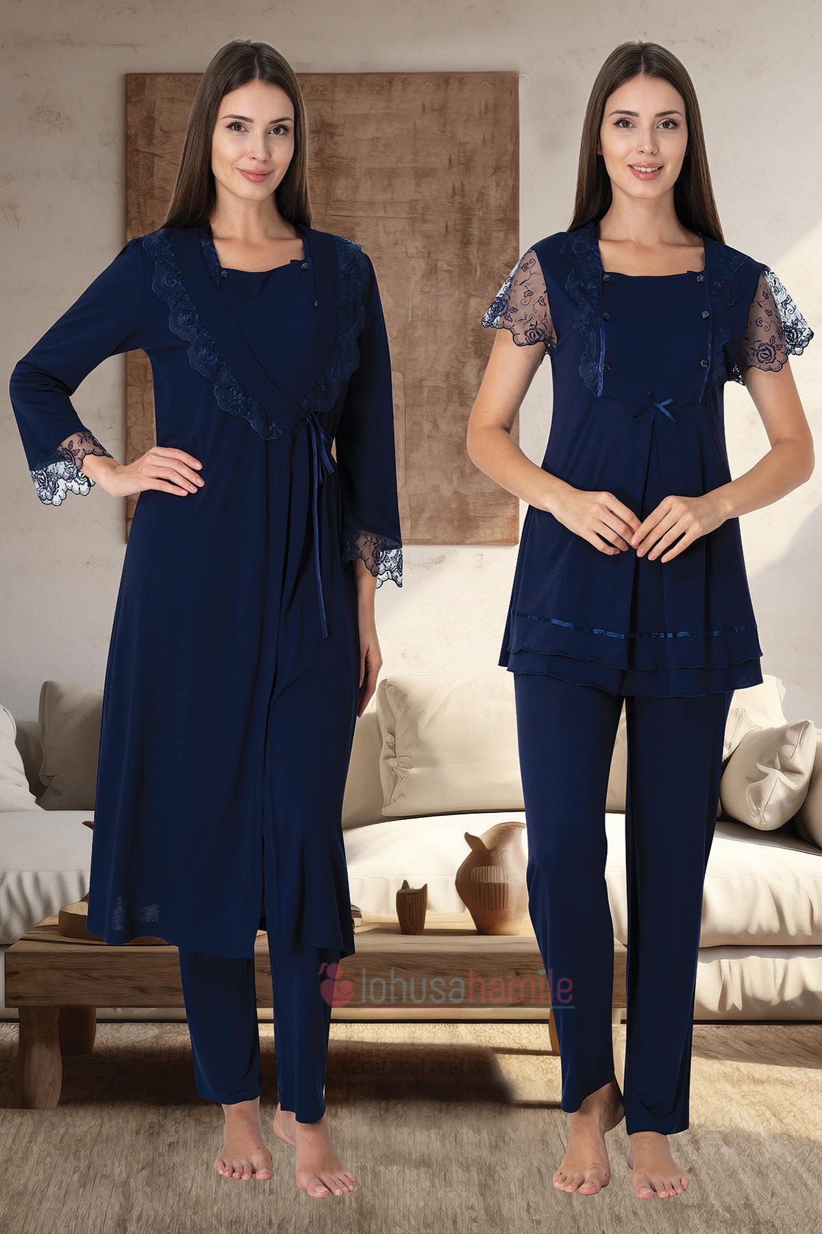 Effortt 2054 Lacivert Dantel Detaylı Sabahlıklı Lohusa Pijama Takımı