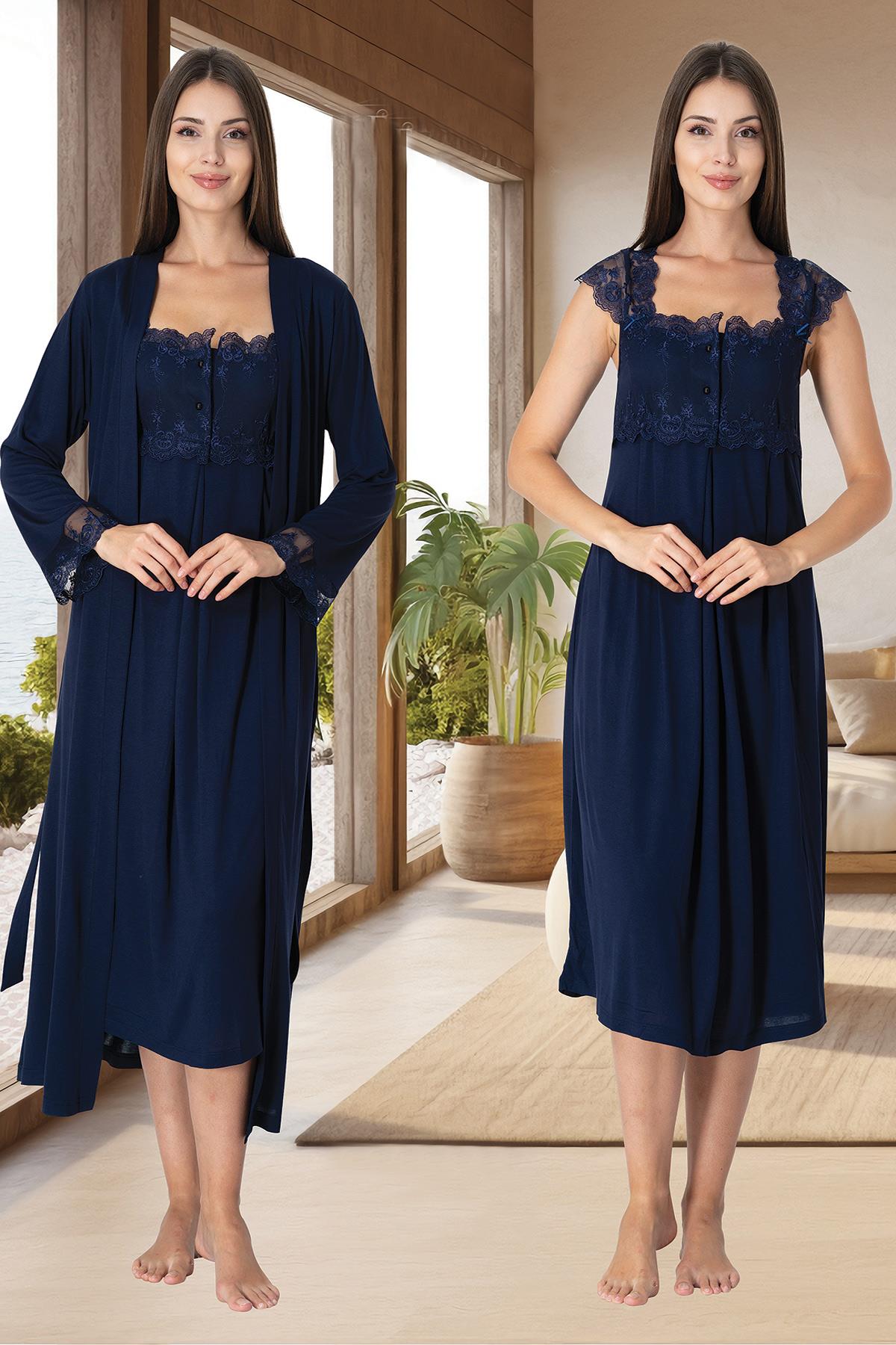 Effortt 2302 Navy Blue Maternity Nightgown with Robe Set