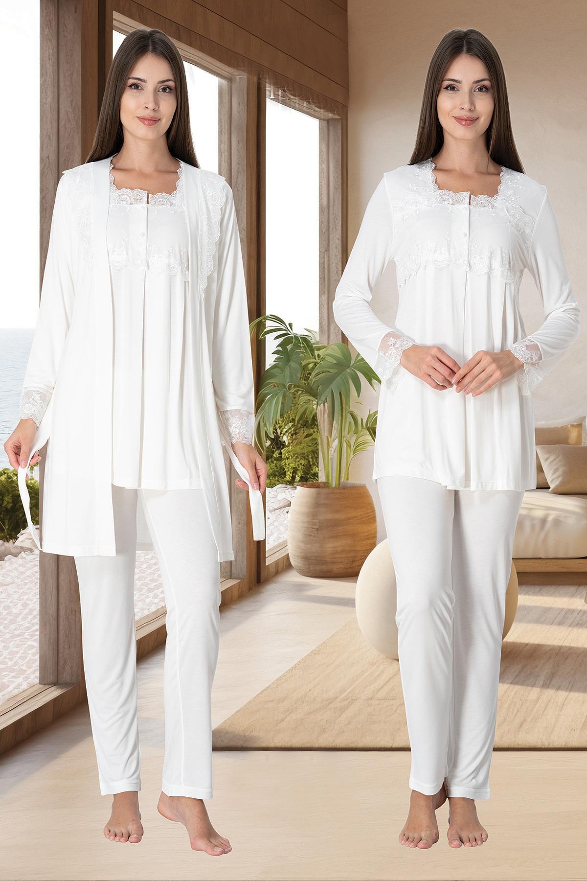 Effortt 2401 Ekru Sabahlıklı Lohusa Pijama Takımı