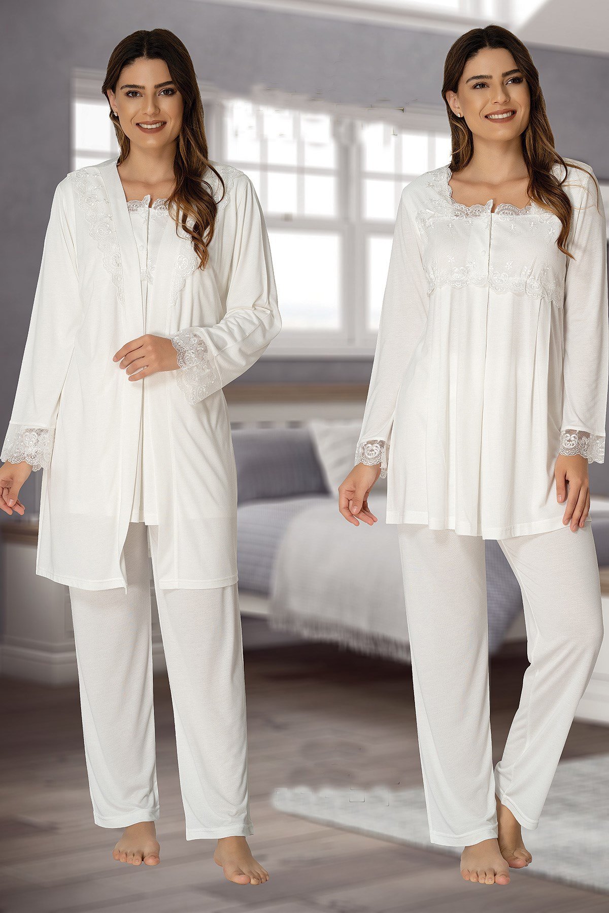 Effortt 2401 Ekru Sabahlıklı Lohusa Pijama Takımı